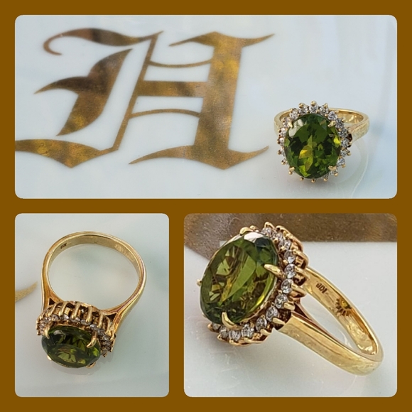 Hold 💯18K Solid Yellow Gold Peridot Diamond Ring - Picture 3 of 5